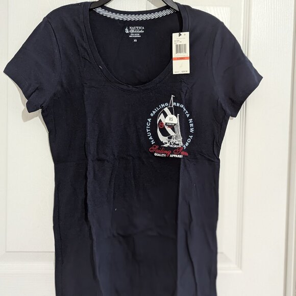 NWT Nautica Navy Blue Embroidered Logo Crew Neck Cotton ClassicTee T-Shirt Sz XS - Picture 1 of 3